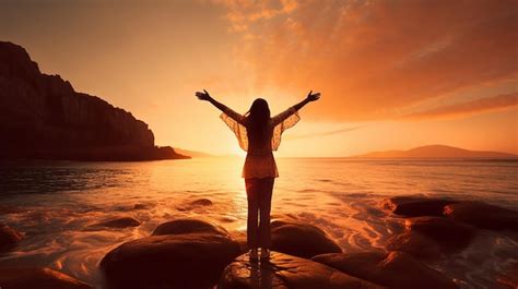 Premium Ai Image Cheering Woman Open Arms At Sunrise Seaside