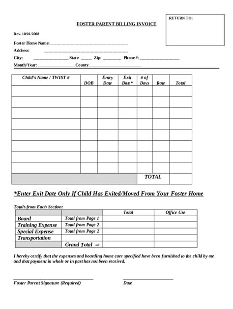 Foster Parent Invoice Return To Foster Parent Billing Fill Out