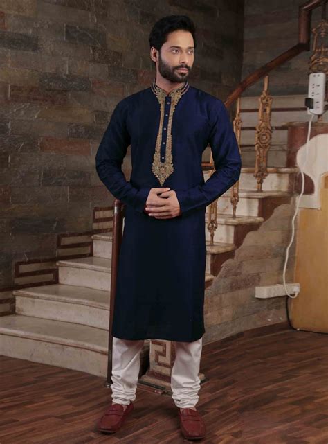 Navy Blue Silk Readymade Kurta Pajama 144485 Navy Blue Fabric Silk Bottoms Raw Silk