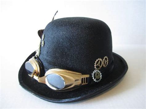 Steampunk Bowler Hat With Feathers Black With Bronze Goggles Etsy