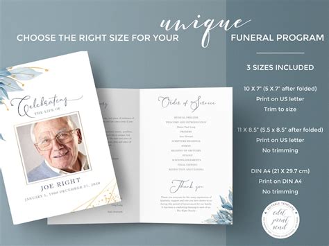 Funeral Program Template For Man Blue And Gold Memorial Etsy