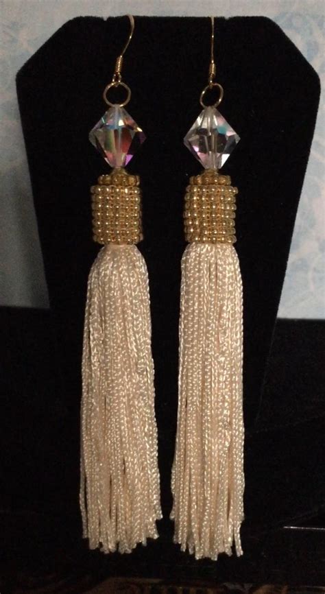 Long Seed Bead Tassel Earrings Beaded Bright Gold And Cream Etsy