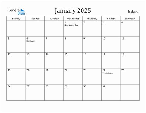 January 2025 Monthly Calendar With Iceland Holidays