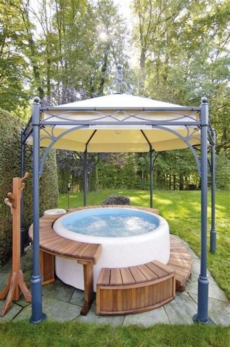 You can have a lovely romantic evening in the hot tub even if rain is when pairing a gazebo and a hot tub, you should find two that go well together to make one unified relaxation spot. Best DIY Hot Tub Gazebo Ideas #whirlpoolhottub | Hot tub ...