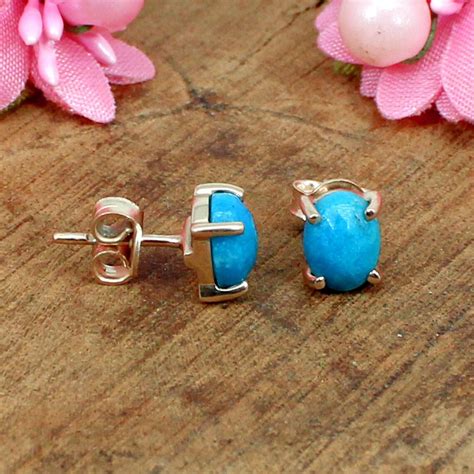 Natural Blue Turquoise Studs Earrings 925 Sterling Silver Etsy