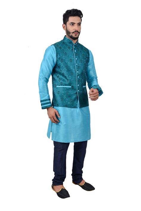Indian Traditional Silk Lagoon Blue Sherwani Kurta Set With Celadon Gr Saris And Things