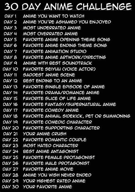 The 30 Day Anime Challenge Is Shown In Black And White With Text On It