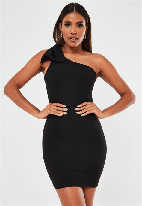 Black Scuba Crepe Bow One Shoulder Mini Dress Missguided