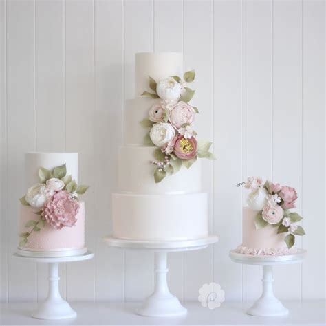 Trio Of Blush And Ivory Sugar Floral Summery Wedding Cakes By Poppy