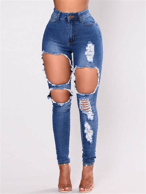Wipalo Womens Casual High Waisted Skinny Destroyed Ripped Hole Jeans