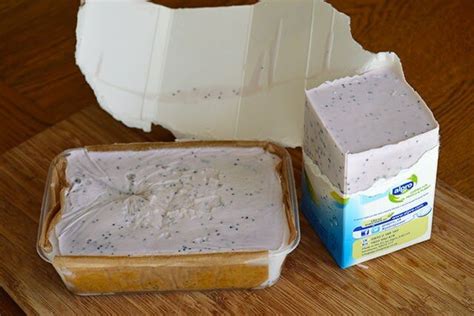 Soap that was made yesterday is dark in the middle, but the edges are a lighter color. Lavender & Rosemary Scrubby Hand Soap Recipe - Lovely Greens