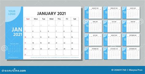 Planificador Del Año 2021 Plantilla De Calendario Ilustración Vectorial Cuadrícula De