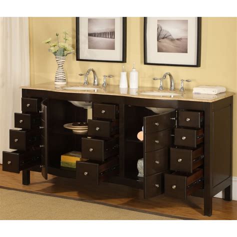 The providence 72, double sink, driftwood vanity by james martin furniture features pewter finish plantation style door hardware and drawer pulls adorn four doors, with shelves for storage, and three center drawers, with the bottom drawer being double height for taller items. Silkroad Exclusive Lancaster 72" Double Bathroom Vanity ...