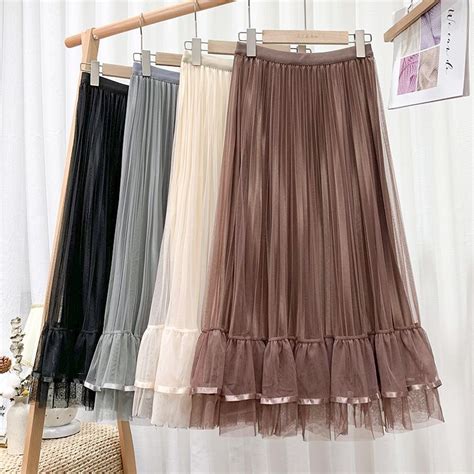 spring and summer new skirt flounces ribbon gauze skirt high waist double mesh large hem