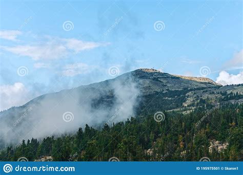 Mountain Surrounded By Thick Forest And Fog Stock Image Image Of