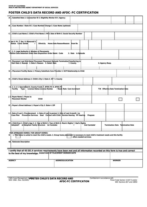Fillable Form Soc 158a Foster Childs Data Record And