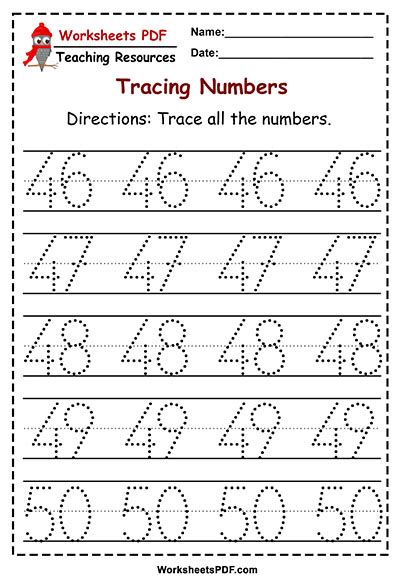 Numbers 1 50 Tracing Worksheets Worksheets Pdf