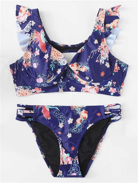 Floral Print Ruffle Trim Knot Back Bikini Set SheIn Sheinside Bikinis Womens Swimwear