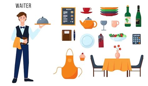 Premium Vector Waiter Character And Set Of Elements For His Work