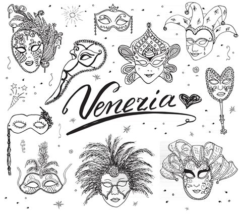 Venice Italy Sketch Carnival Venetian Masks Hand Drawn Set Drawing