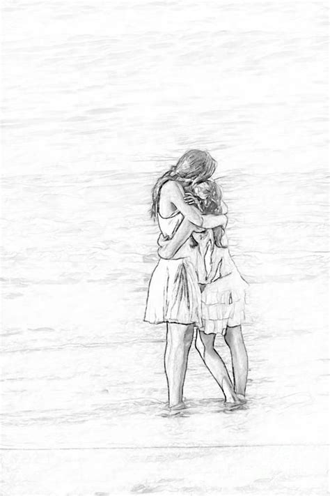 Sisters Beach Hug Sketch Digital Art By Randy Steele Pixels