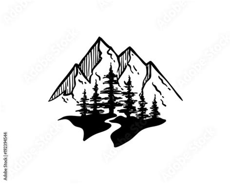 Line Art Black Mountain And Pine Tree With River Symbol Logo Vector