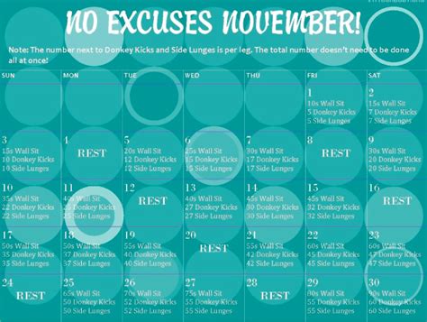 No Excuses November Monthly Fitness Challenges Pinterest Fitness