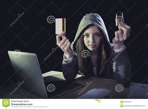 Hacker Girl Holding Credit Card Violating Privacy Holding Credit Card