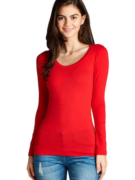 Snj Womens Long Sleeve Scoop Neck Fitted Cotton Top Basic T Shirts