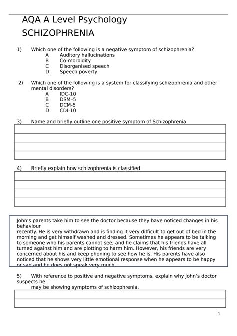 Schizophrenia Worksheet 2 Aqa A Level Psychology Schizophrenia 1 Which One Of The Following
