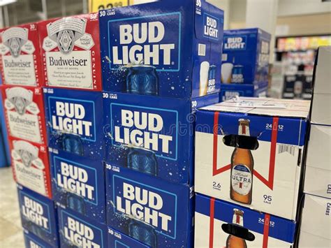 Retail Store Budweiser And Bud Light Beer On Display Side View