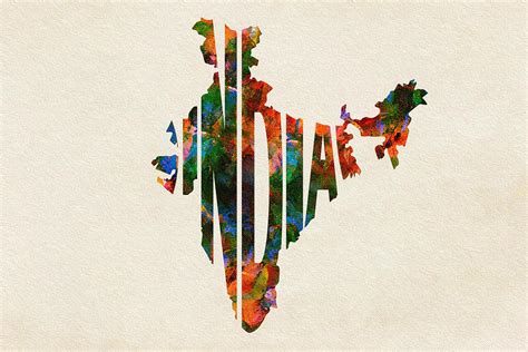 India Typographic Watercolor Map Painting By Inspirowl Design Fine