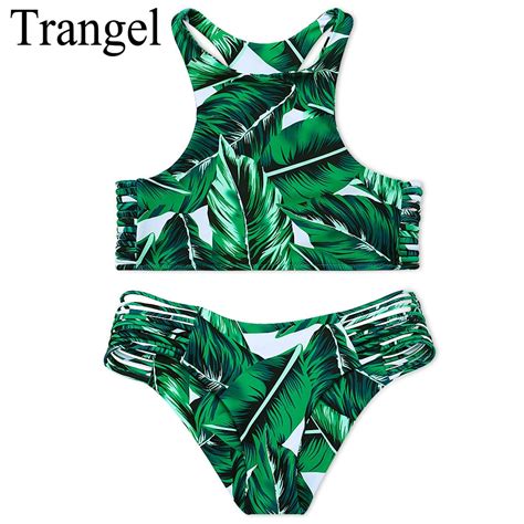 Trangel Biquíni 2018 Folhas Verdes Imprimir Swimwear Mulheres Swimsuit