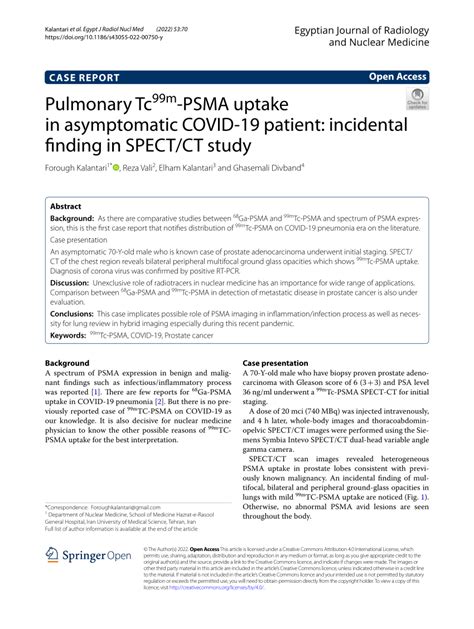 Pdf Pulmonary Tc99m Psma Uptake In Asymptomatic Covid 19 Patient