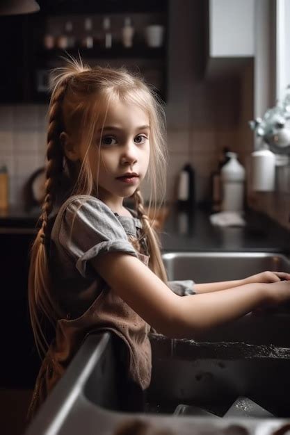 Premium Ai Image Shot Of A Young Girl Cleaning The Kitchen Sink At
