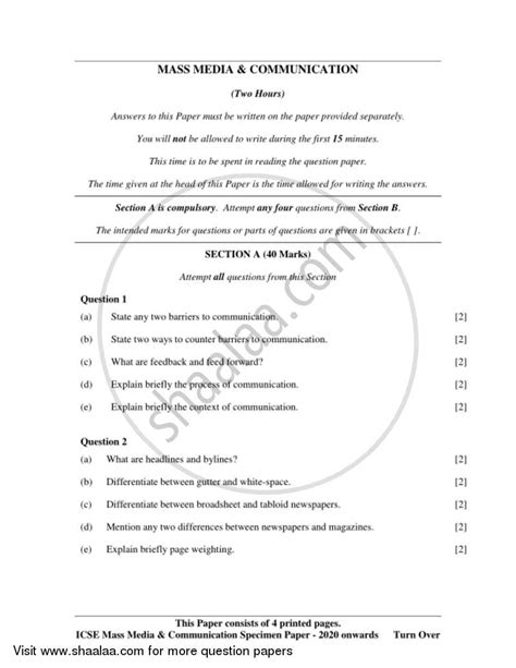 Class 5 question paper 2020. Mass Media and Communication 2019-2020 ICSE Class 10 Set 1 ...