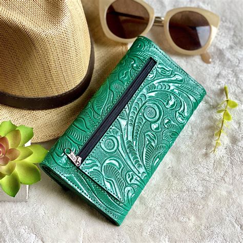 These are a step up from the previous ideas. Handmade Green leather women's wallet card -woman wallet - floral wallet woman - Leather wallet ...