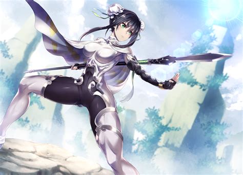 Black Hair Bodysuit Breasts Cape Clouds Elbow Gloves Fate Grand Order Fate Series Gloves Green