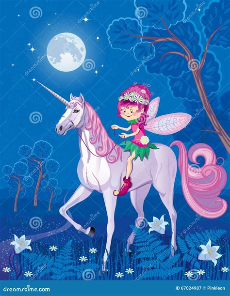 Forest Little Fairy Riding On A Unicorn Stock Illustration Image