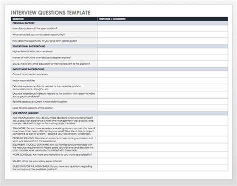 Printable Interview Questions Template