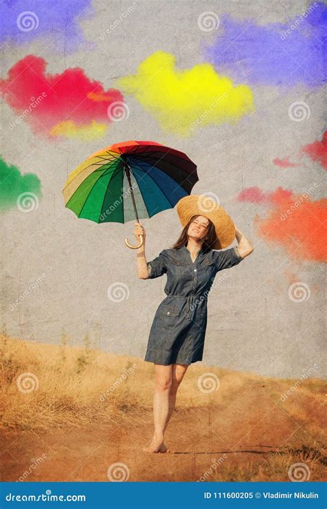 Young Brunet Girl With Colorful Umbrella And Clouds Stock Image Image
