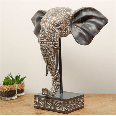 Elephant Head Animal Figure Ornament Statue African Pattern Carved
