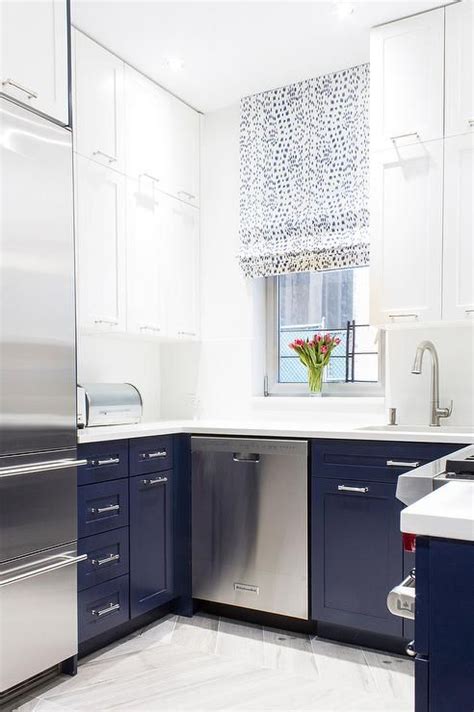 Also note that the cabinets with glasss front have same blue color inside and out. White and blue kitchen | Home decor kitchen, White upper cabinets, Home decor