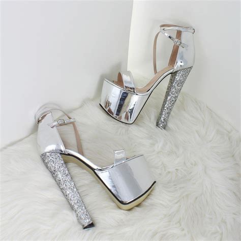 Single Strap Silver Shiny Platform Heels Tajna Club Sapatos Altos