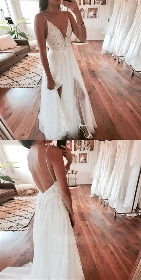 Spaghetti Strap V Neck Open Back Side Split Long Tulle Wedding Dresses