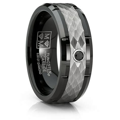 Ringwright Co Mens Black Tungsten Wedding Band Engagement Ring Hammered Center Real 005 Ct
