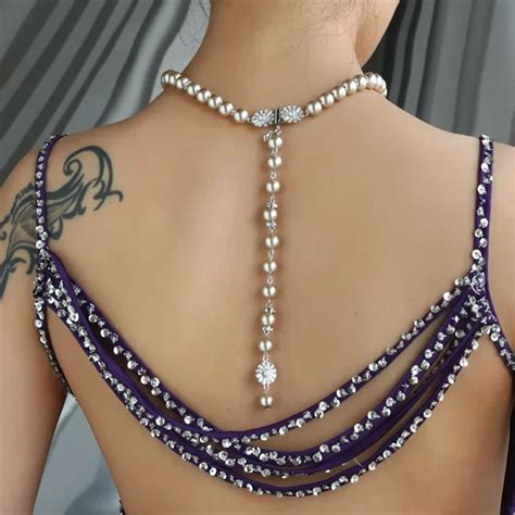 Lady Sex Back Chain Pink Glass Pearl Crystal Choker Necklace For Bridal