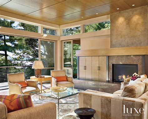 Neutral Contemporary Living Room With Limestone Fireplace Luxe
