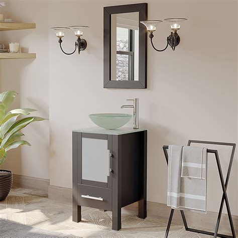 We are in need of help with our bathroom vanity. 18 inch Espresso Wood Cabinet Tempered Glass Vessel Sink ...