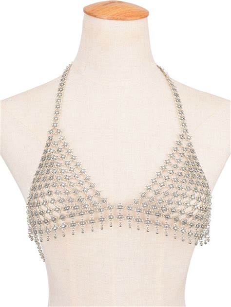 Sexy Rhinestone Crystal Mesh Bikini Bra Chest Belly Coin Tassel Chains